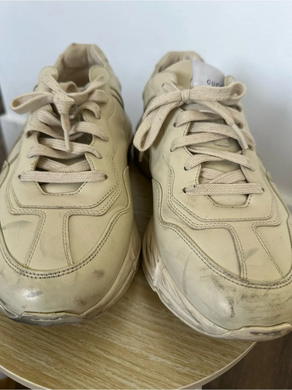 Gucci Cream Leather Platform Sneakers with Green & Red Web